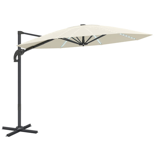 Photo of Outsunny 3(m) Cantilever Garden Parasol with Solar Powered Lights, Crank Handle & Cross Base, UPF 50+, 360° Rotation, Cream in Cream colour on a white background