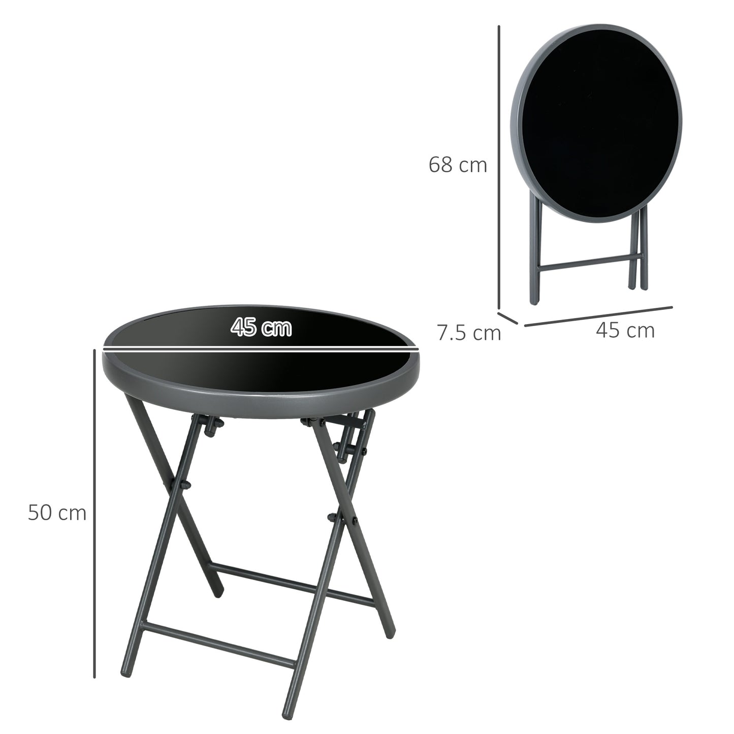 Outsunny Φ45cm Garden Side Table, Outdoor Round Folding Patio Table with Imitation Marble Glass Top, Small Coffee Table, Black