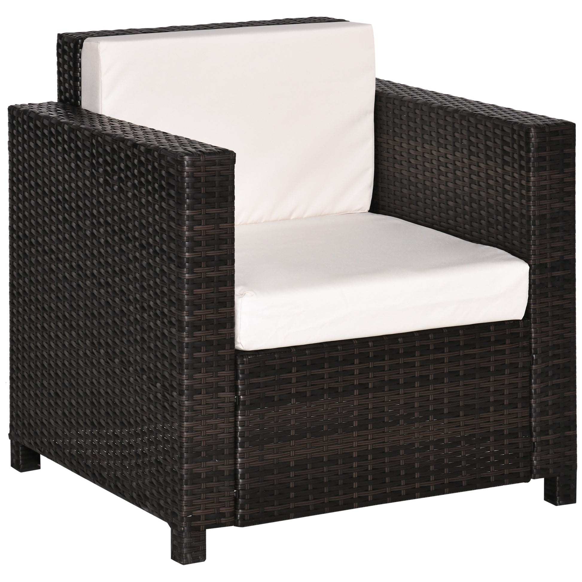 Photo of Outsunny Single Seater Rattan Chair, PE Wicker Garden Armchair with 10 cm Thickened Cushion, All-Weather Rattan Garden Chair with Armrests, Brown in Brown colour on a white background