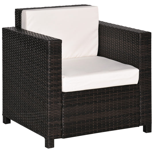 Photo of Outsunny Single Seater Rattan Chair, PE Wicker Garden Armchair with 10 cm Thickened Cushion, All-Weather Rattan Garden Chair with Armrests, Brown in Brown colour on a white background