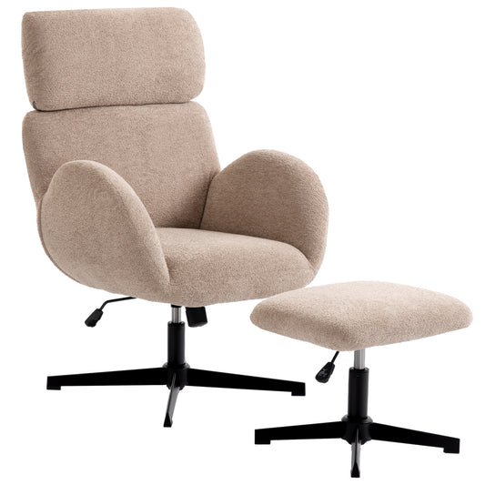 Photo of HOMCOM Swivel Armchair and Footstool Set, Height Adjustable Accent Chair with Adjustable Headrest, Rocking Function, Light Brown in Brown colour on a white background