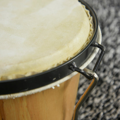 HOMCOM bongo drum close-up of natural skin head, black rim, and metal tuning rod