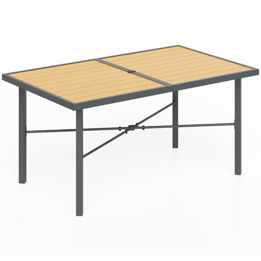 Photo of Outsunny Garden Table for 6, 150 cm Rectangular Outdoor Dining Table with 5 cm Umbrella Hole, Wood Effect Top, Rust Resistant Frame, for Patio, Balcony, Terrace, Natural Wood Finish in Finish colour on a white background