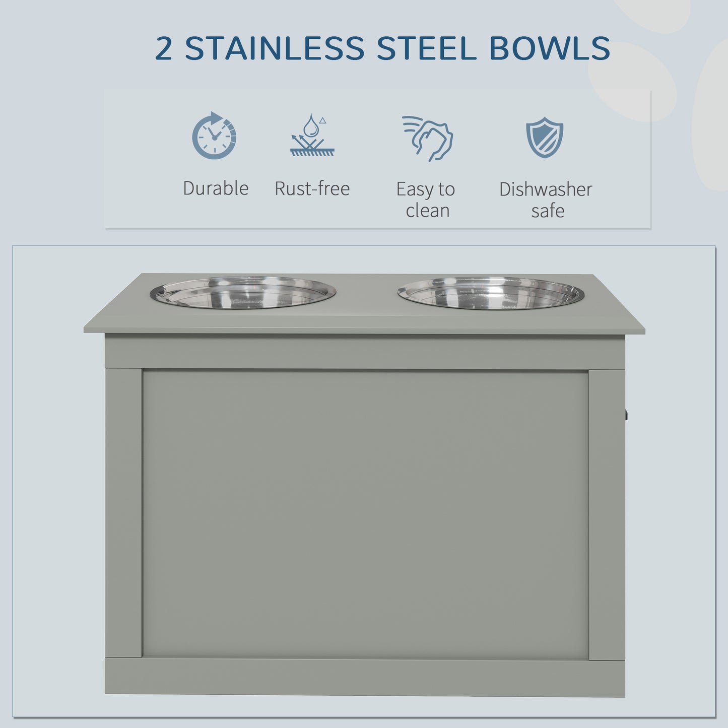PawHut Raised Dog Bowls, with Storage, Two Stainless Steel Bowls, Elevated Base - Grey