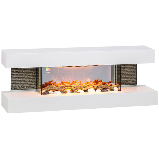 Photo of HOMCOM 47inch / 120cm Electric Fireplace Wall Mounted, Freestanding, Glass Electric Fire Suite with Mantel, Adjustable LED Flame Effect and Temperature, Log, Pebble, Remote Control, 2000W, White in White colour on a white background
