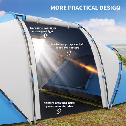 Blue and gray tent interior with clear windows, mesh storage pockets, and a floor