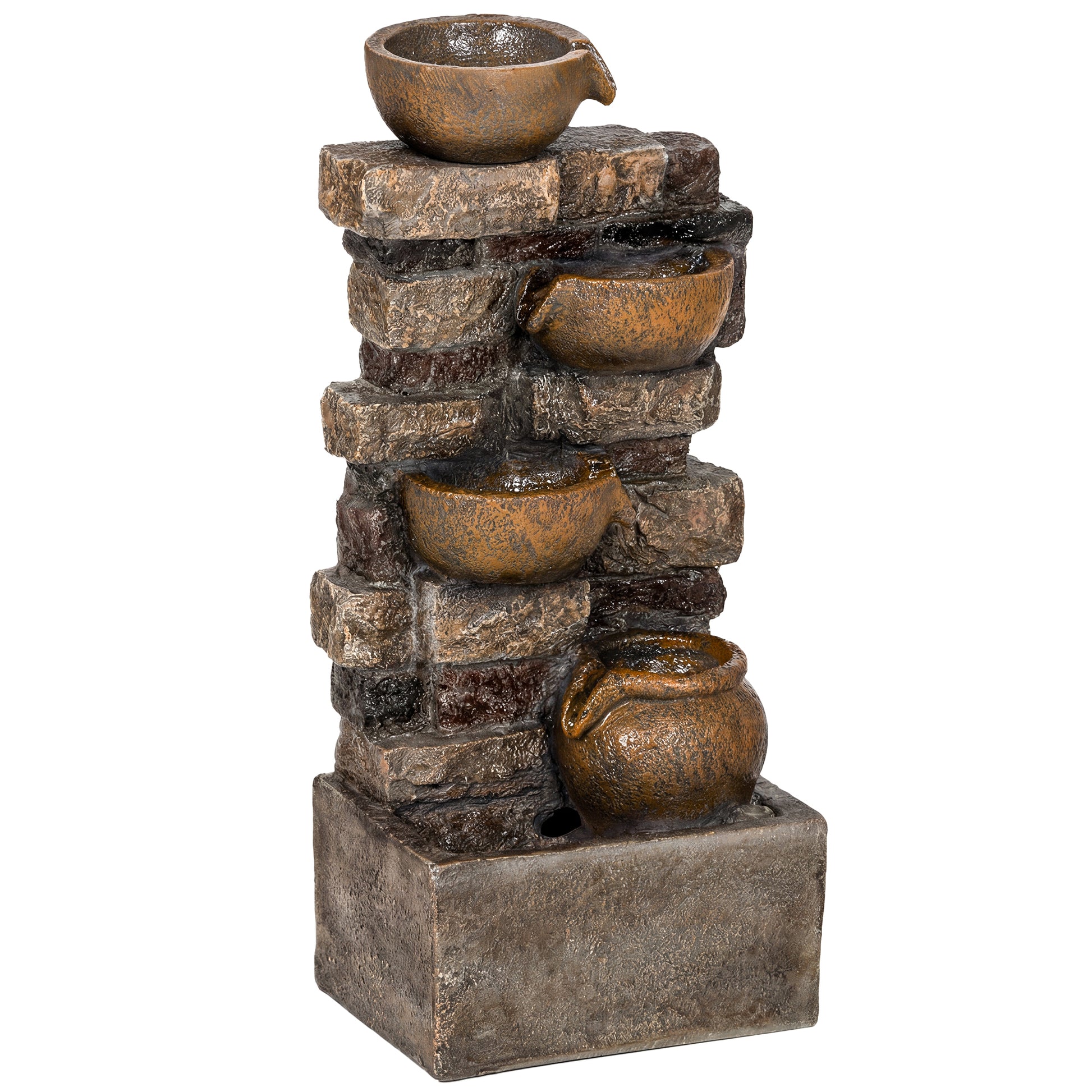 Photo of Outsunny 28" 5-Tier Outdoor Fountain, Cascading Waterfall Feature with LED Lights, Adjustable Flow, Rustic Brown in Brown colour on a white background