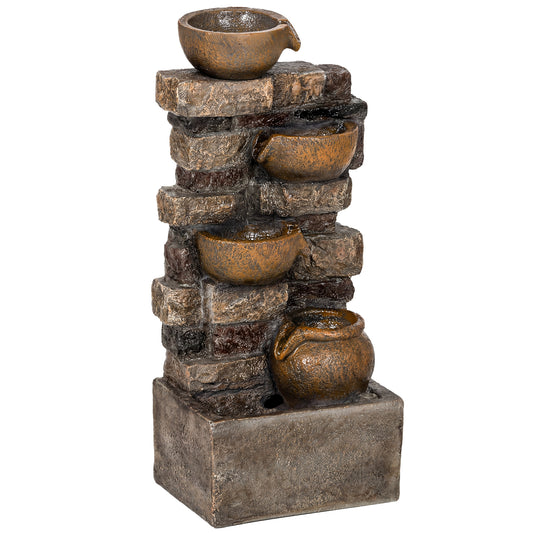 Photo of Outsunny 28" 5-Tier Outdoor Fountain, Cascading Waterfall Feature with LED Lights, Adjustable Flow, Rustic Brown in Brown colour on a white background