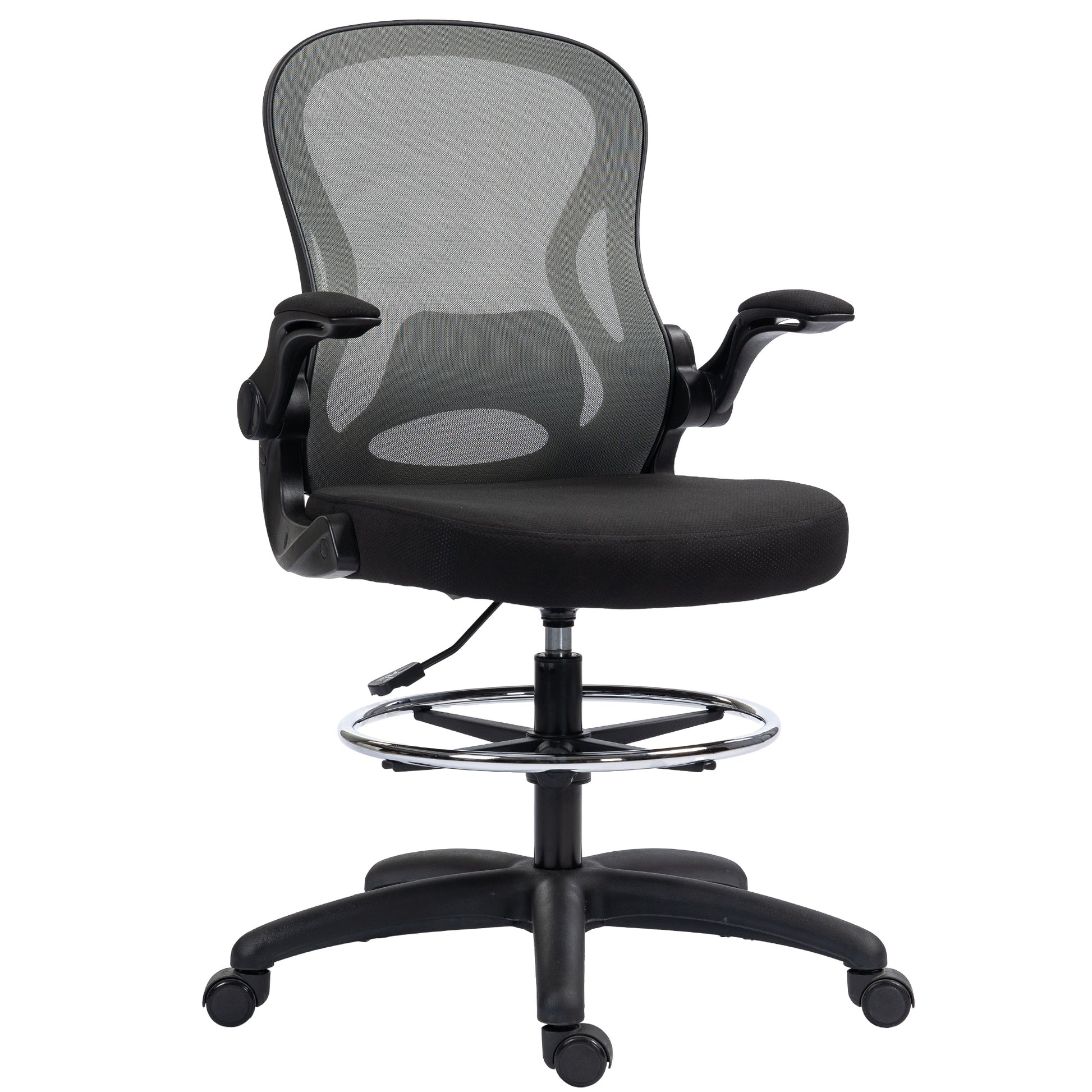 Photo of Vinsetto Adjustable Mesh Standing Desk Chair with Flip-up Armrests Lumbar Support Armrests Adjustable Footrest Ring, Dark Grey in Grey colour on a white background