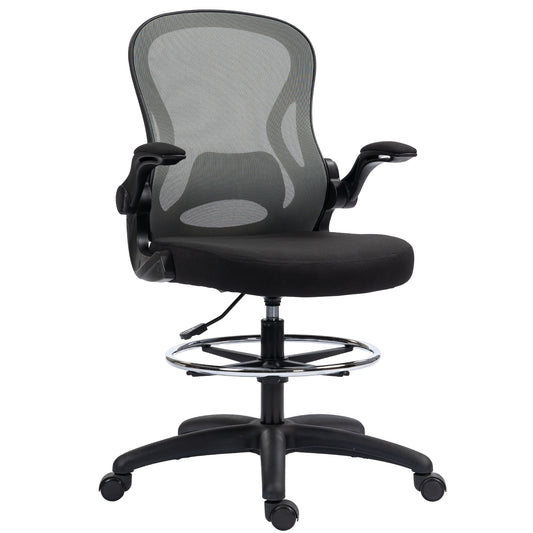 Photo of Vinsetto Adjustable Mesh Standing Desk Chair with Flip-up Armrests Lumbar Support Armrests Adjustable Footrest Ring, Dark Grey in Grey colour on a white background
