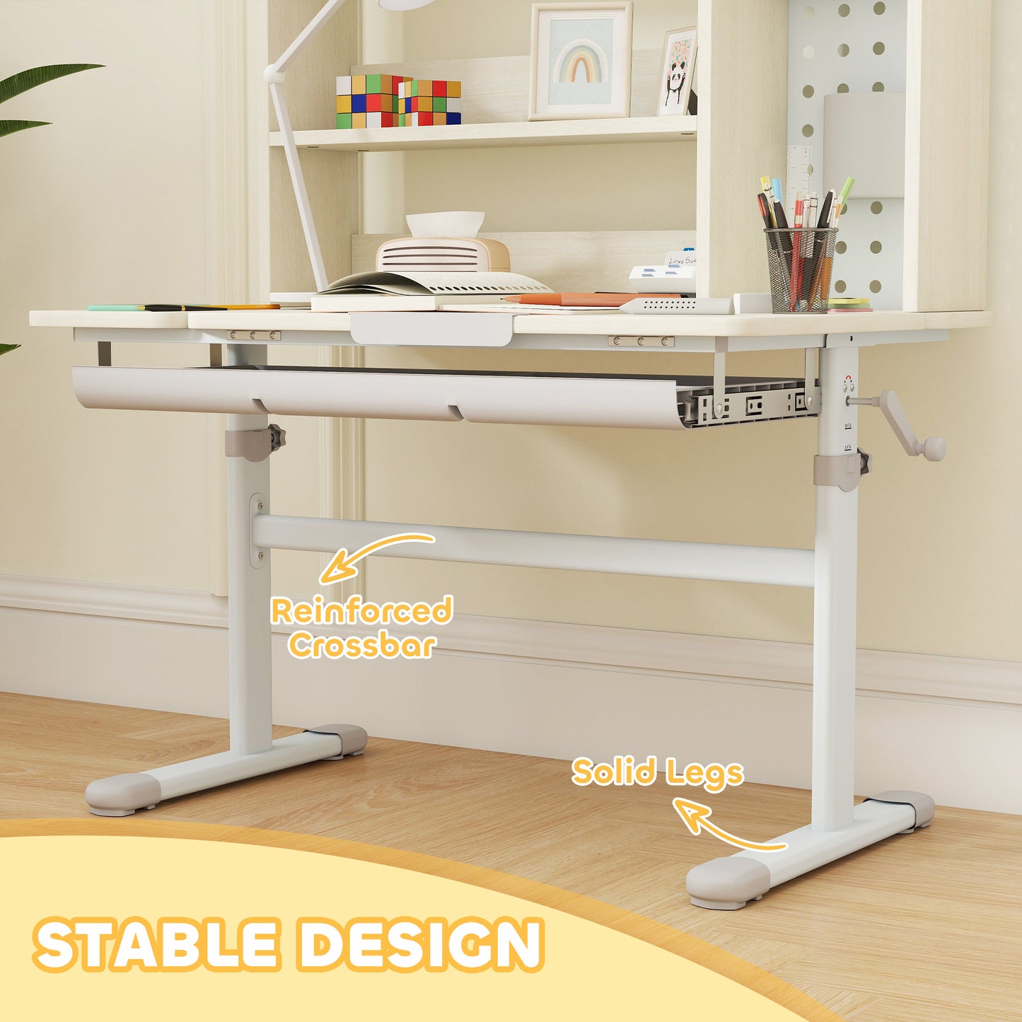 AIYAPLAY Kids Desk Height Adjustable with Tilt-Desktop, Hutch, Drawer, Storage Shelf, Pegboard, for 3-12 Years Old, Natural