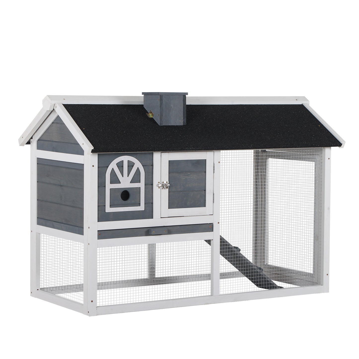 Photo of PawHut Wooden Rabbit Hutch and Run with Sliding Tray, Ramp, Water-resistant Roof, for 2-4 Rabbits, Grey in Grey colour on a white background
