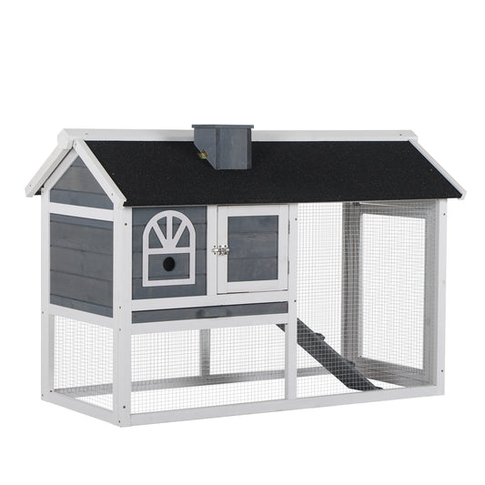 Photo of PawHut Wooden Rabbit Hutch and Run with Sliding Tray, Ramp, Water-resistant Roof, for 2-4 Rabbits, Grey in Grey colour on a white background