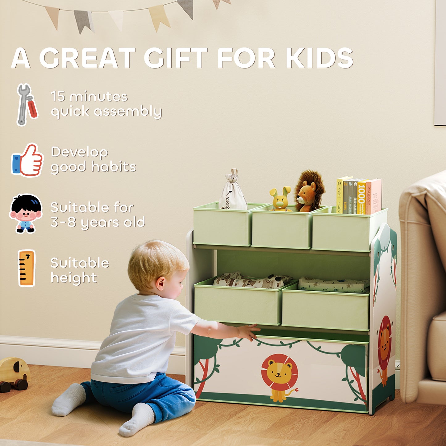 AIYAPLAY Kids Toy Storage Units, 3-Tier Toy Organiser Shelf with 6 Removable Boxes for Kids, Bedroom, Playroom, Green