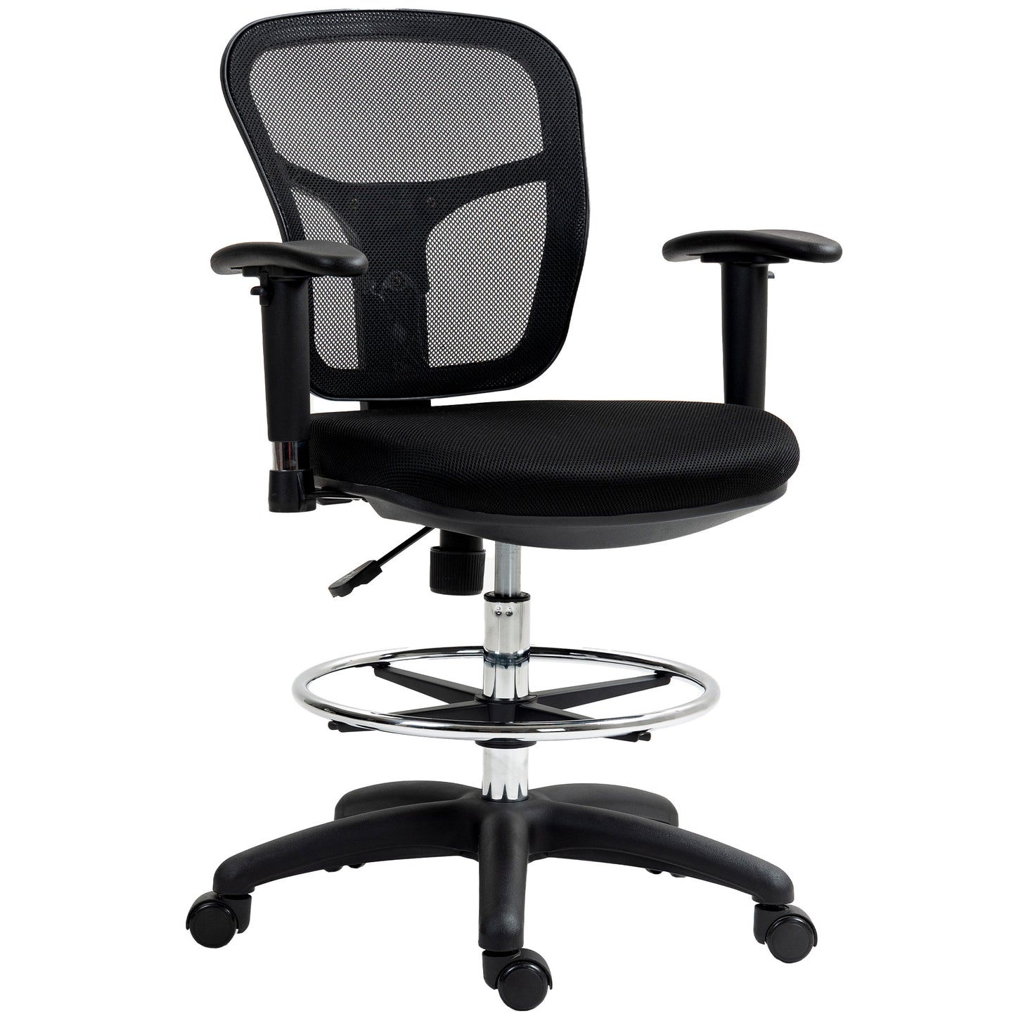 Photo of HOMCOM Drafting Chair with Adjustable Armrests, Ergonomic Mesh Office Chair with Lumbar Support, Adjustable Height and Footrest for Standing Desk, Black in Black colour on a white background