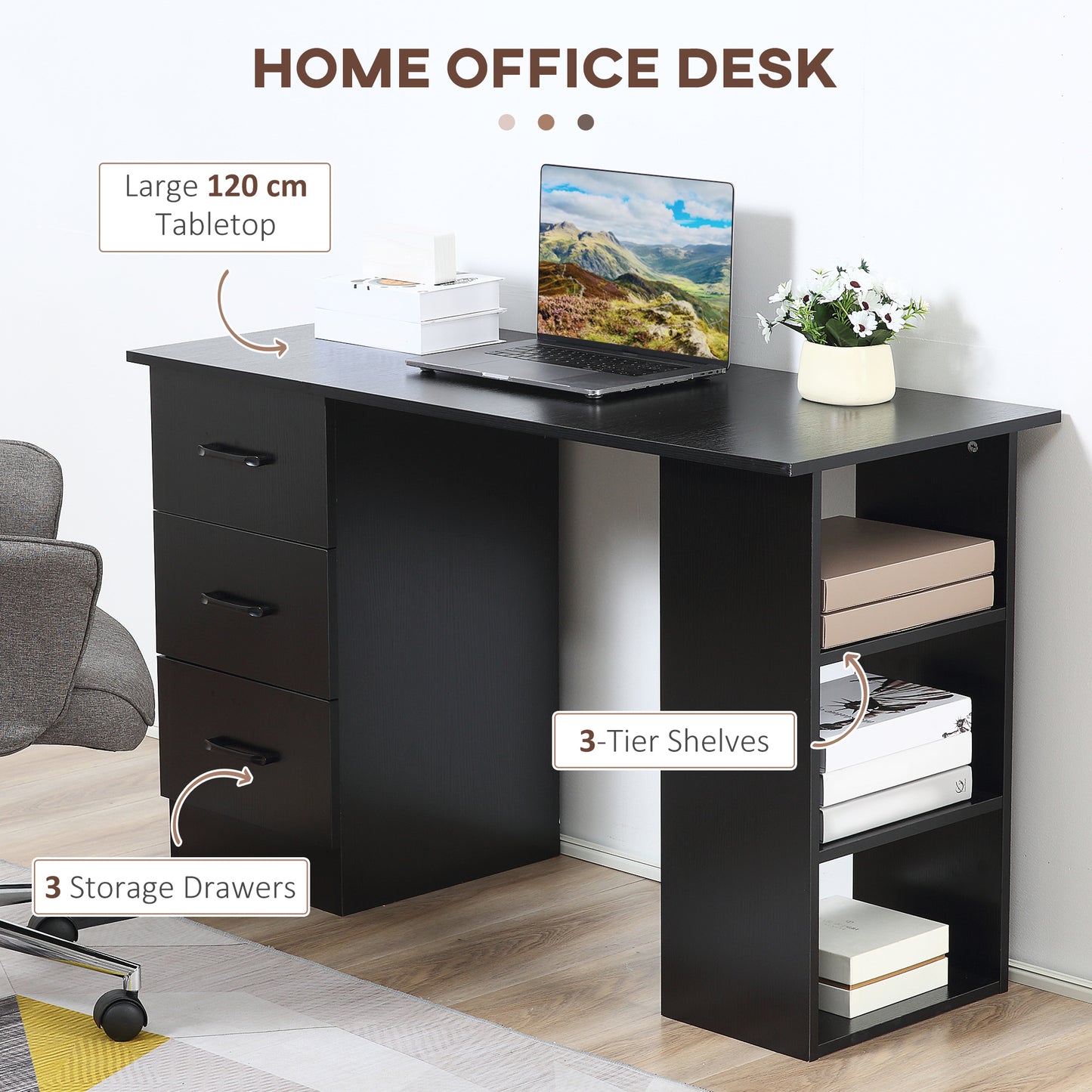HOMCOM Computer Desk with Drawers, Home Office Desk, Writing Table, PC Workstation with 3 Storage Shelves for Working, Study, 120 x 49 x 72 cm, Black