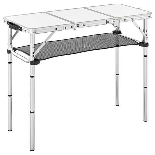 Photo of Outsunny 3ft Folding Camping Table, Picnic Table with Mesh Storage Layer, Carrying Bag and Metal Frame, Cream White in White colour on a white background