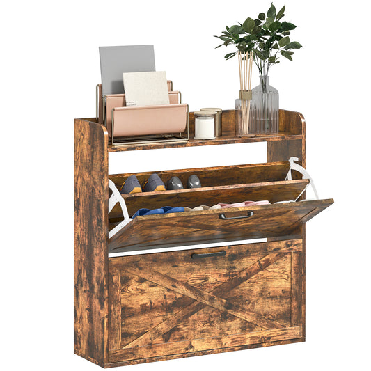 Photo of HOMCOM Two Flip Drawer Narrow Shoe Cabinet with Adjustable Shelves - Rustic Brown in Brown colour on a white background