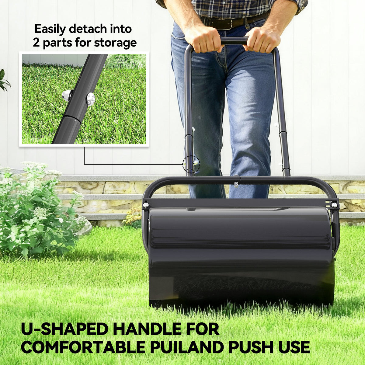 Black lawn roller with detachable handle sections for compact storage