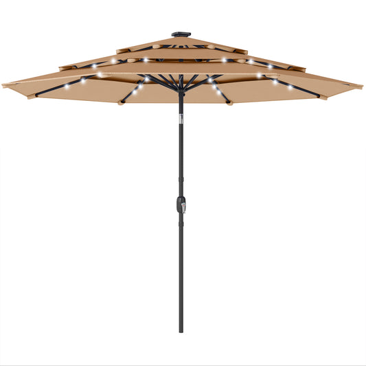 Photo of Outsunny 2.8 m Garden Parasol Umbrella with LED Solar Light, Parasol Cover, 3 Tier Outdoor Table Market Patio Umbrella, Khaki in Khaki colour on a white background