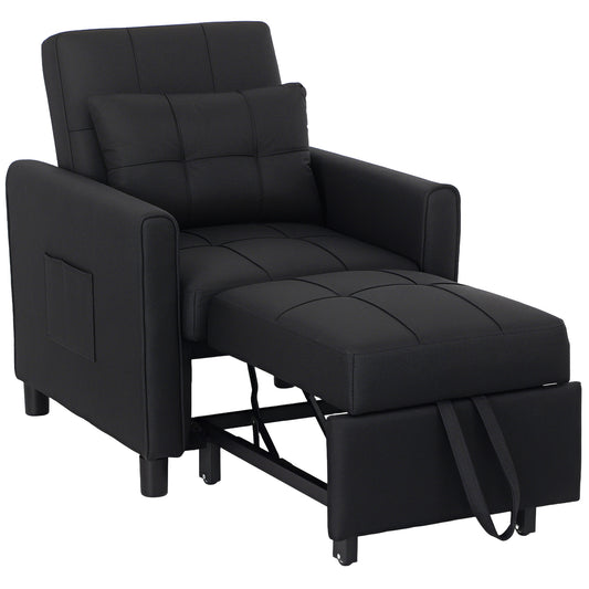 Photo of HOMCOM 3-In-1 Linen-Look Single Chair Bed with 11cm Thick Adjustable Back & Eucalyptus Wood Sofa Frame - Black in Black colour on a white background