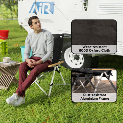Black camping chair with padded high back, wood armrests, and rust-resistant aluminum frame