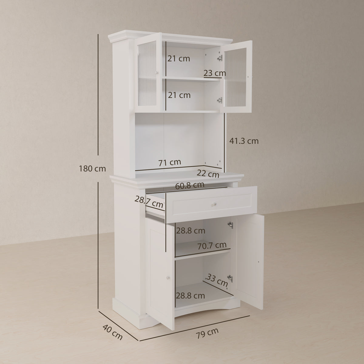White kitchen cupboard with upper glass doors and lower doors open, showing shelves and dimensions