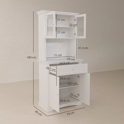 White kitchen cupboard with upper glass doors and lower doors open, showing shelves and dimensions