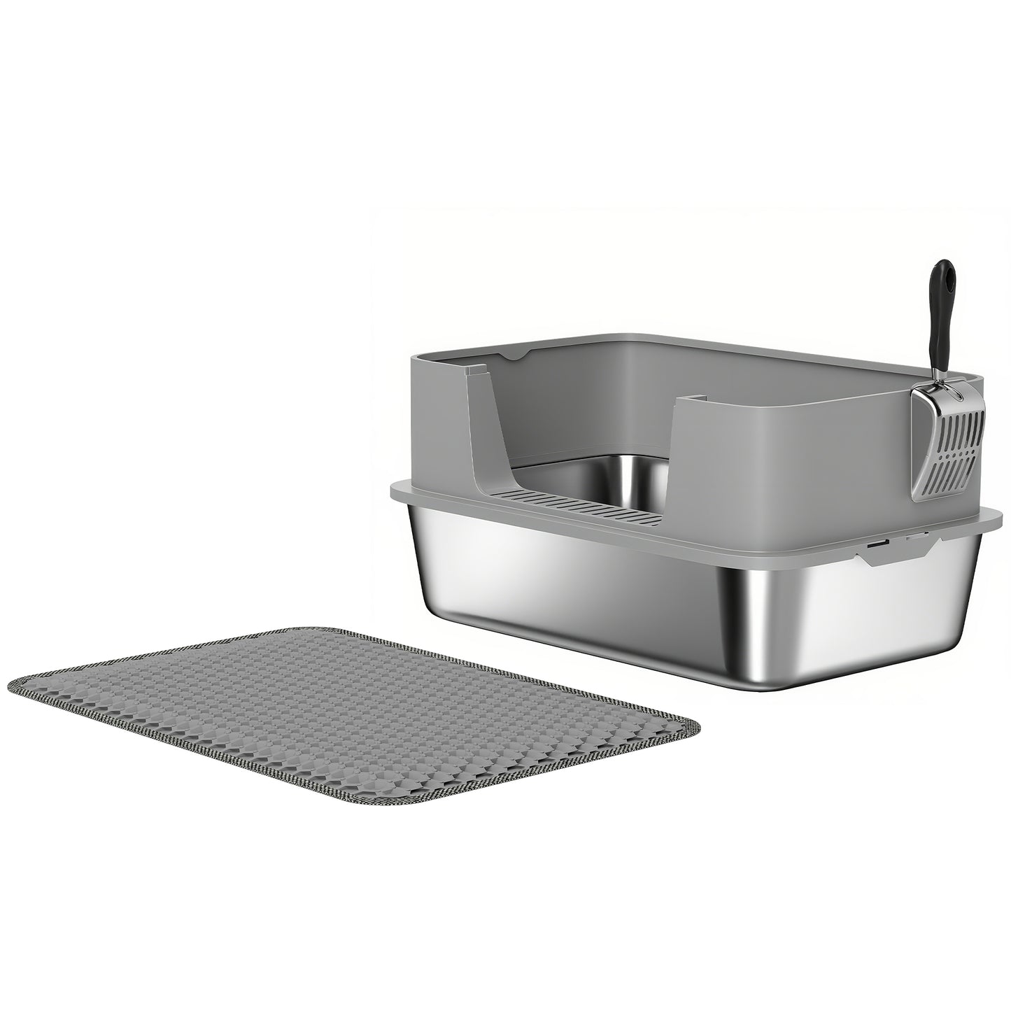 Photo of PawHut High Sided Stainless Steel Litter Box, Metal Cat Litter Tray with Metal Scoop, Litter Mat, Never Absorbs Odors, Grey in Grey colour on a white background