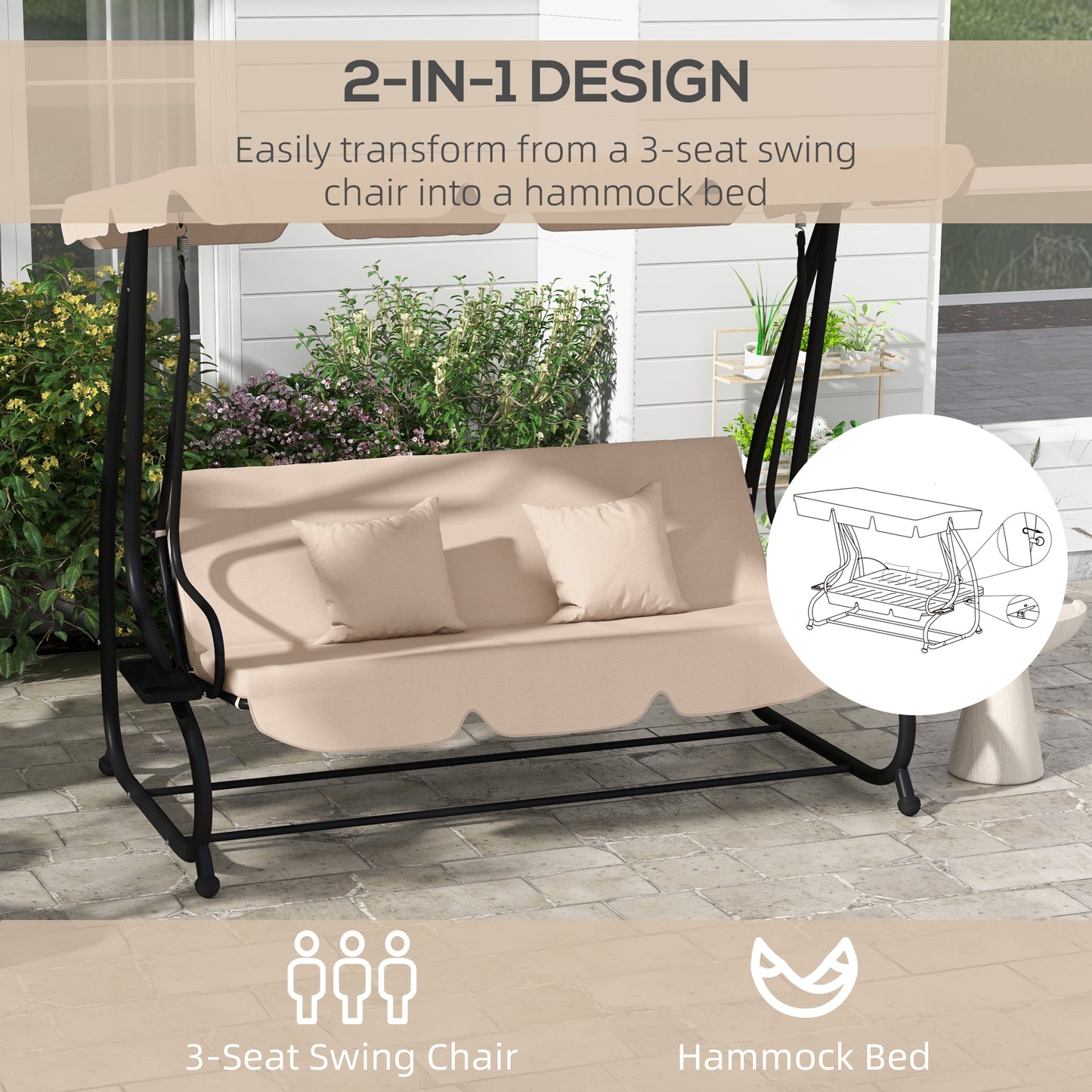 Outsunny Three-Person Garden Swing Chair, with Adjustable Canopy - Light Brown