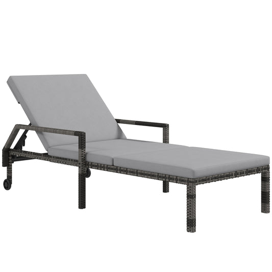 Photo of Outsunny Outdoor Sun Lounger, Rattan Wicker Chaise Recliner with 5-Level Adjustable Backrest and 2 Wheels in Wheels colour on a white background