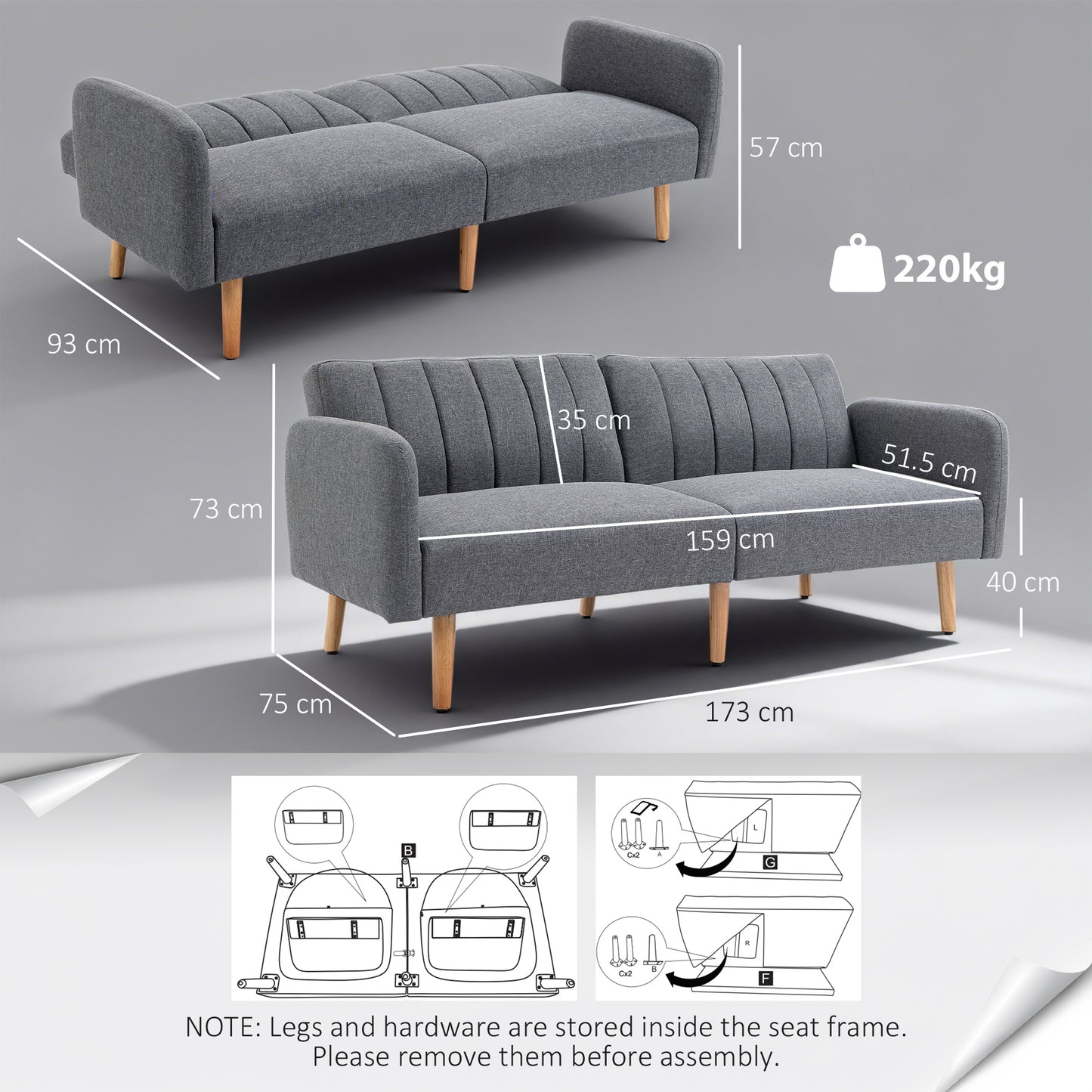 HOMCOM 3 Seater Sofa Bed, Convertible Linen Fabric Sofa Couch, Click Clack Sofabed with Adjustable Split Backrest for Living Room, Bedroom, Guest Room, Grey