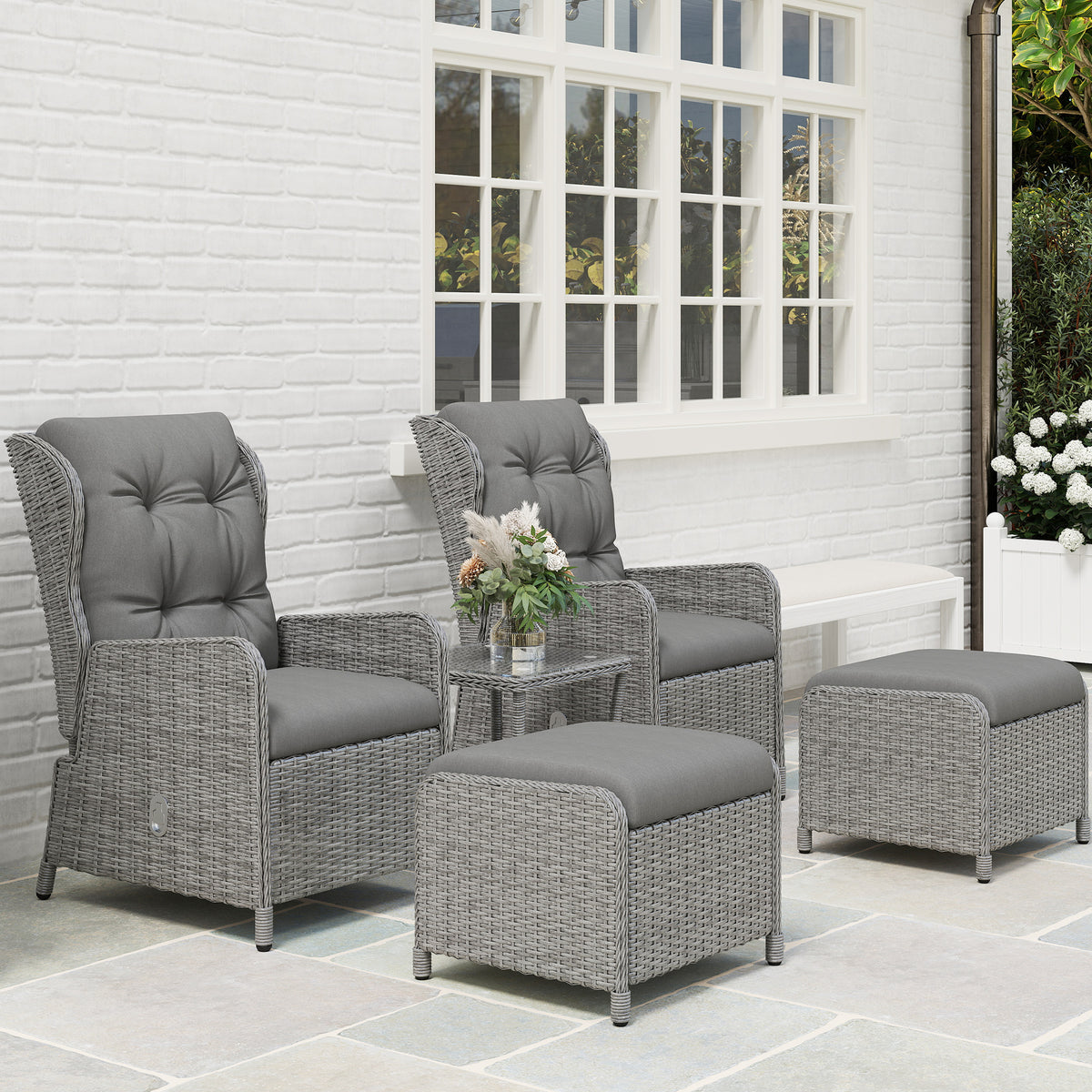 Outsunny 5 Pieces Rattan Bistro Set with Adjustable Back, Reclining Wicker Balcony Furniture with Cushions, Glass Top Coffee Table and Footstools, Outdoor Table and Chairs, Light Grey