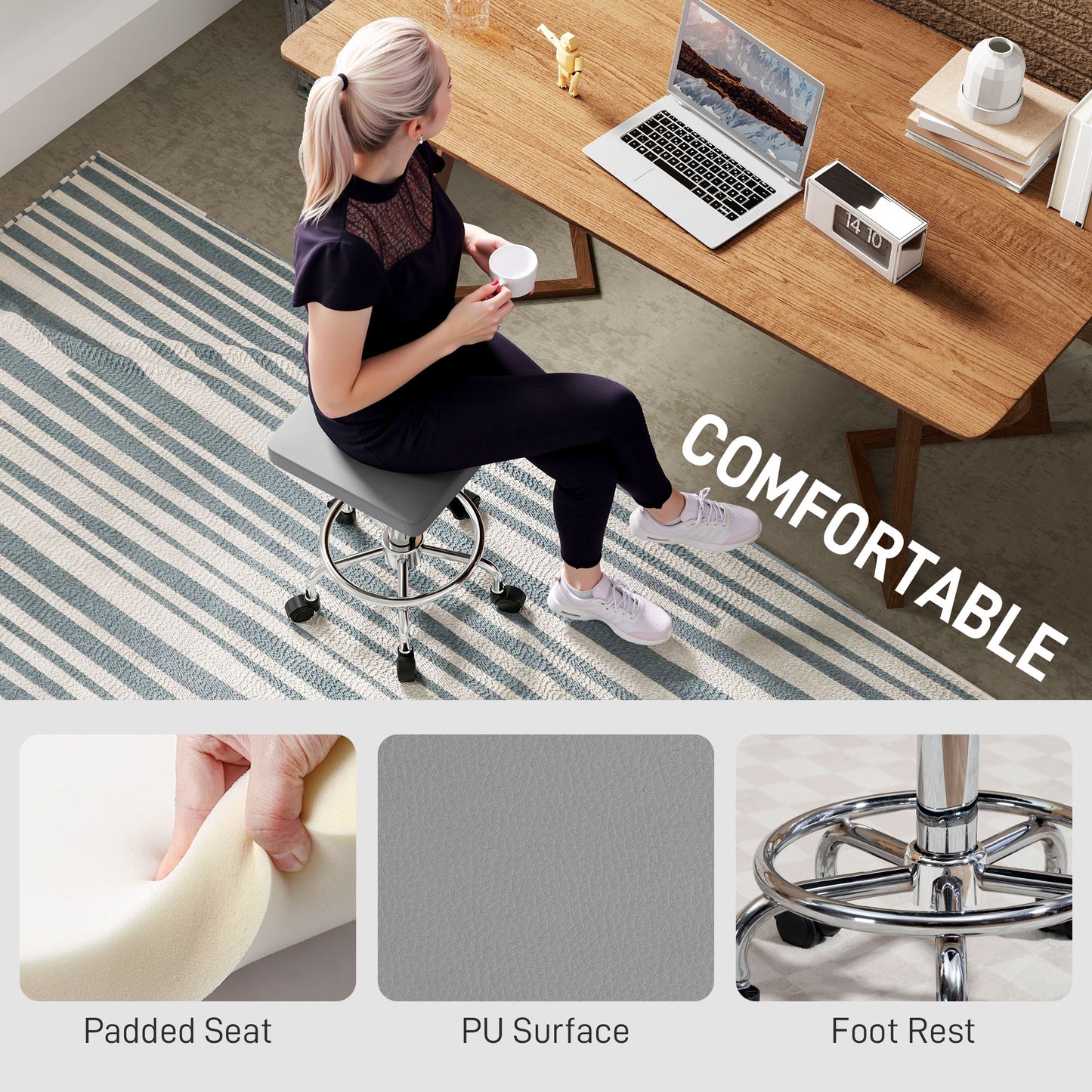 HOMCOM Faux Leather Padded Salon Stool - Grey
