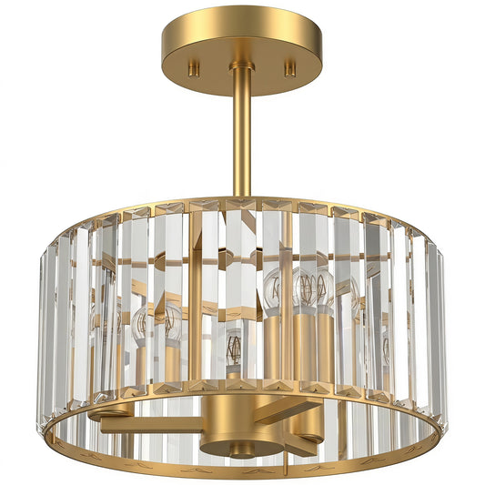Photo of HOMCOM Semi Flush Mount Modern Crystal Chandelier Ceiling Light, Crystal Ceiling Light Fixture with E14 Base, Gold in Gold colour on a white background