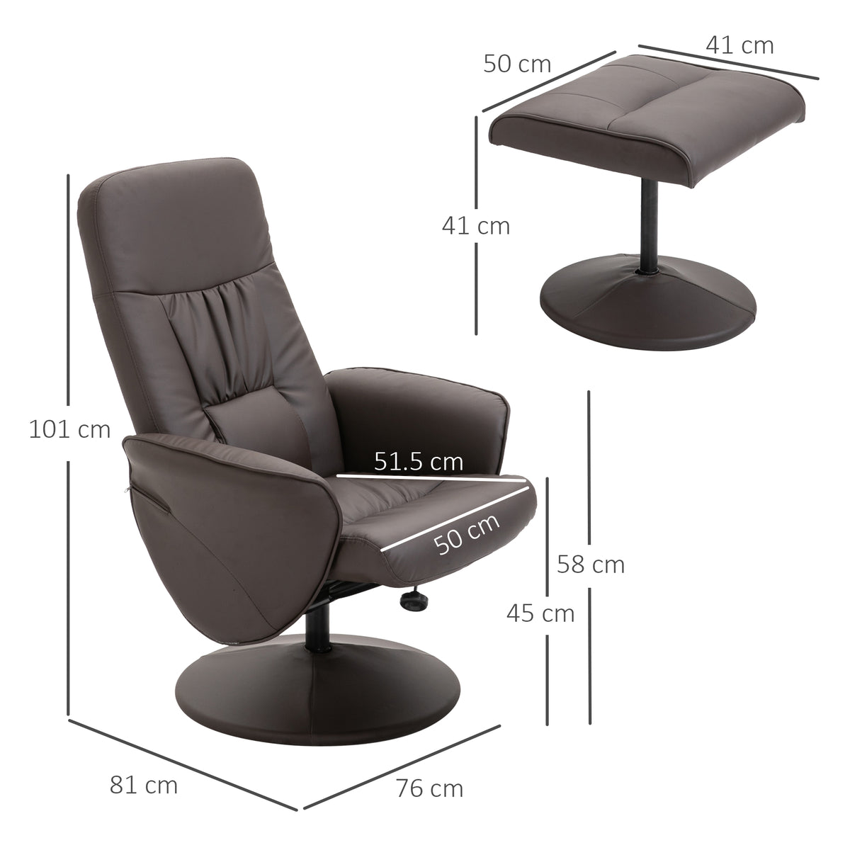 Brown recliner chair and footstool with dimension measurements