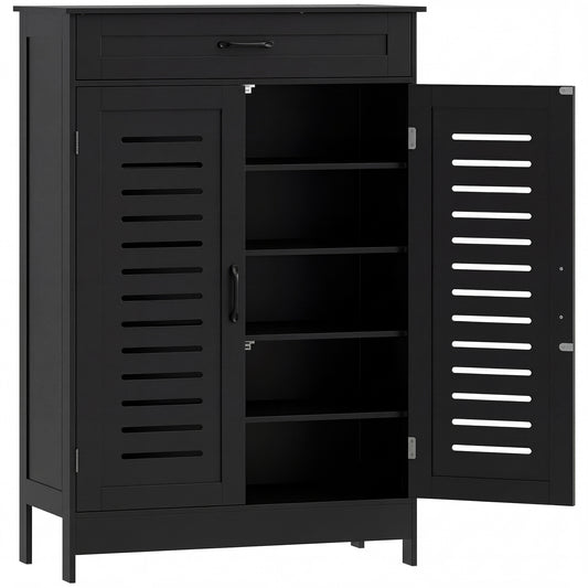 Photo of HOMCOM Shoe Cabinet with Louvered Doors, Modern Shoe Storage Cabinet with Drawer and Adjustable Shelves, Black in Black colour on a white background