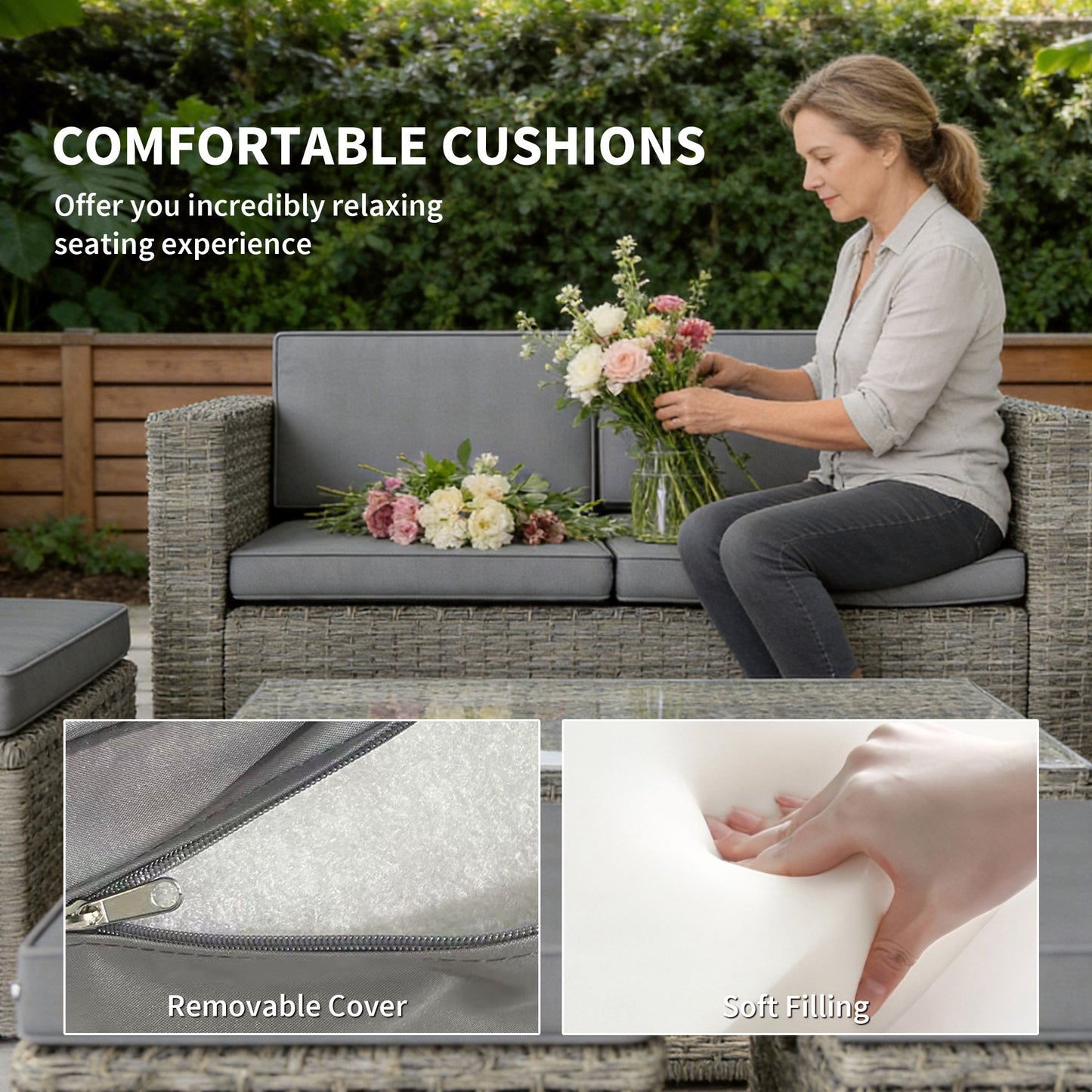 Outsunny 6 Piece Rattan Garden Furniture Set Loveseat, Chairs, Table, Footstools, Dark Grey