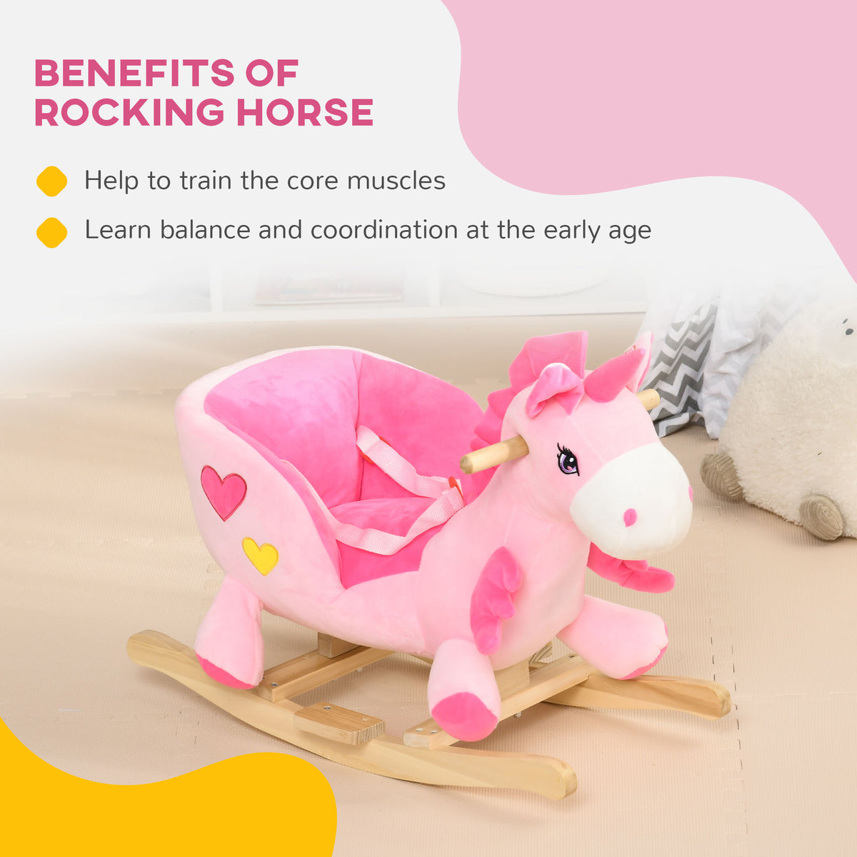 Pink unicorn rocking toy with cushioned seat, safety belt, and wooden base