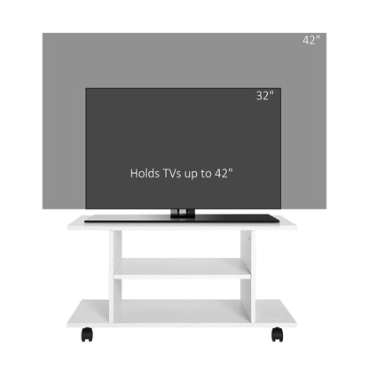 White TV stand with open shelves, shown supporting a television up to 42 inches
