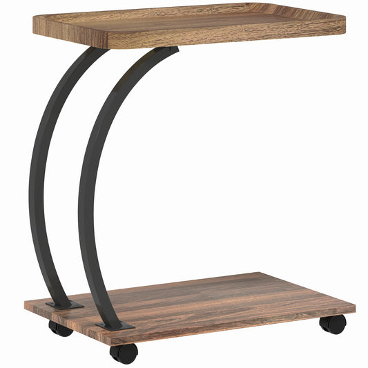 Photo of HOMCOM 2-Tier Mobile C-Shaped Side Table - Brown in Brown colour on a white background