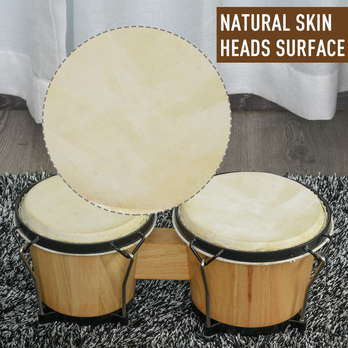 HOMCOM wooden bongo drum set with natural skin heads and black tuning hardware