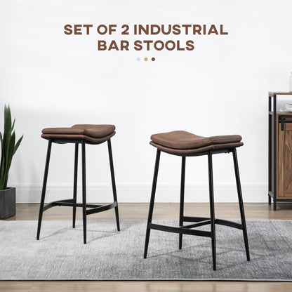 Set of two brown upholstered bar stools with black steel frames and footrests