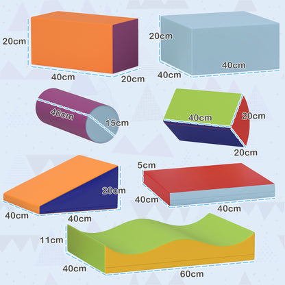 Soft play set pieces shown with measurements, including blocks, a cylinder, and a wavy ramp
