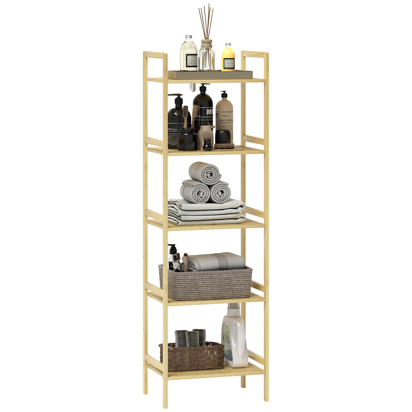 Photo of HOMCOM 5-Tier Bamboo Bathroom Storage Shelf, Freestanding Shelving Unit with Adjustable Rack for Kitchen Bathroom Living Room, Natural Wood Finish in Finish colour on a white background