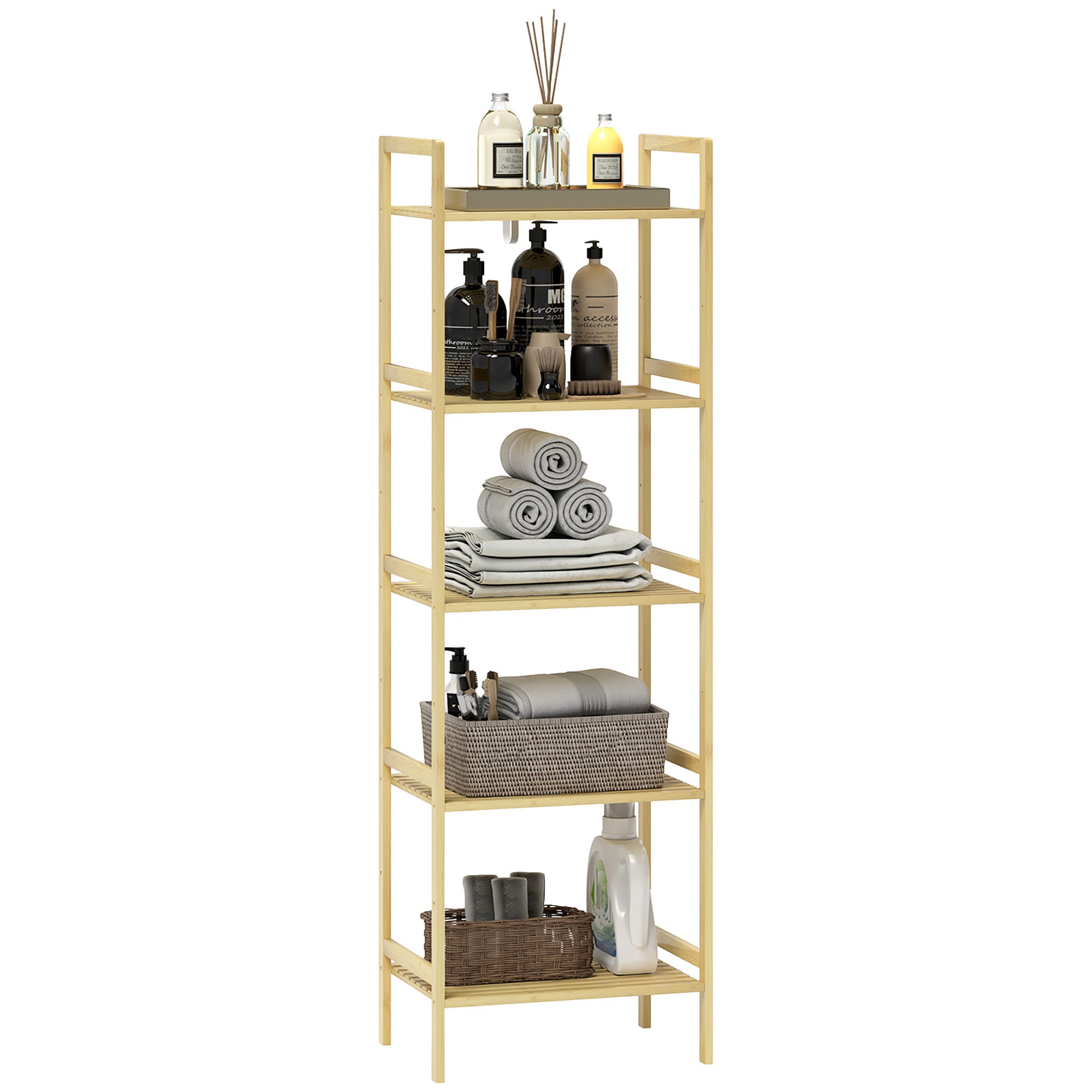 Photo of HOMCOM 5-Tier Bamboo Bathroom Storage Shelf, Freestanding Shelving Unit with Adjustable Rack for Kitchen Bathroom Living Room, Natural Wood Finish in Finish colour on a white background