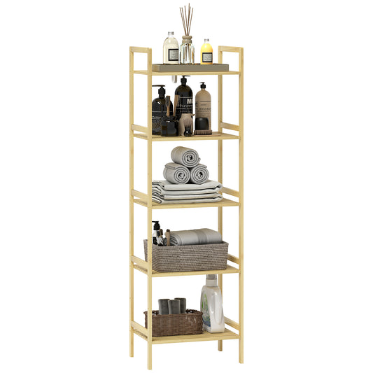 Photo of HOMCOM 5-Tier Bamboo Bathroom Storage Shelf, Freestanding Shelving Unit with Adjustable Rack for Kitchen Bathroom Living Room, Natural Wood Finish in Finish colour on a white background