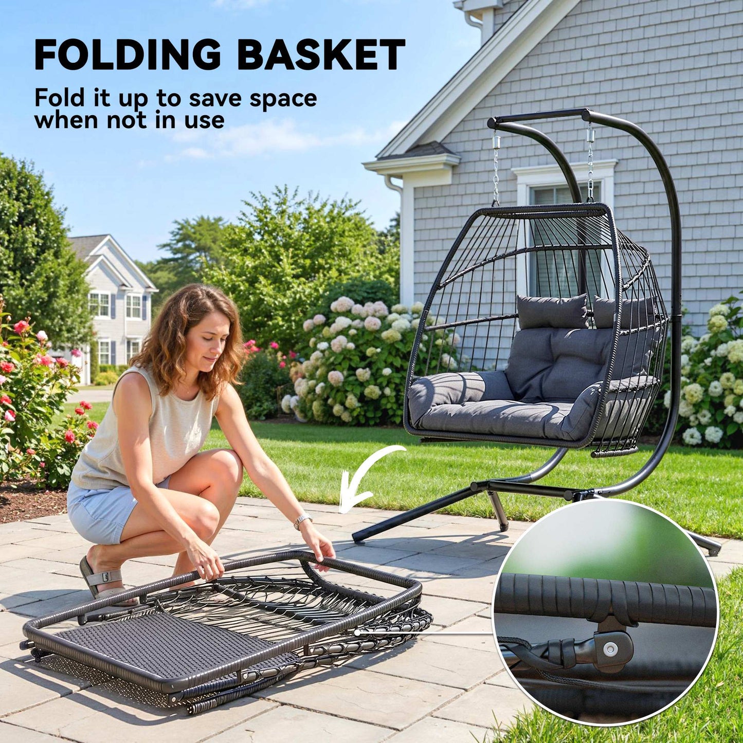 Outsunny Rattan Double Hanging Egg Chair with Stand, Foldable Wicker Swing Egg Chair with Cushion, Head Pillows, Steel Frame, Hammock Chair for Indoor Outdoor, Capacity 260 kg, Dark Grey