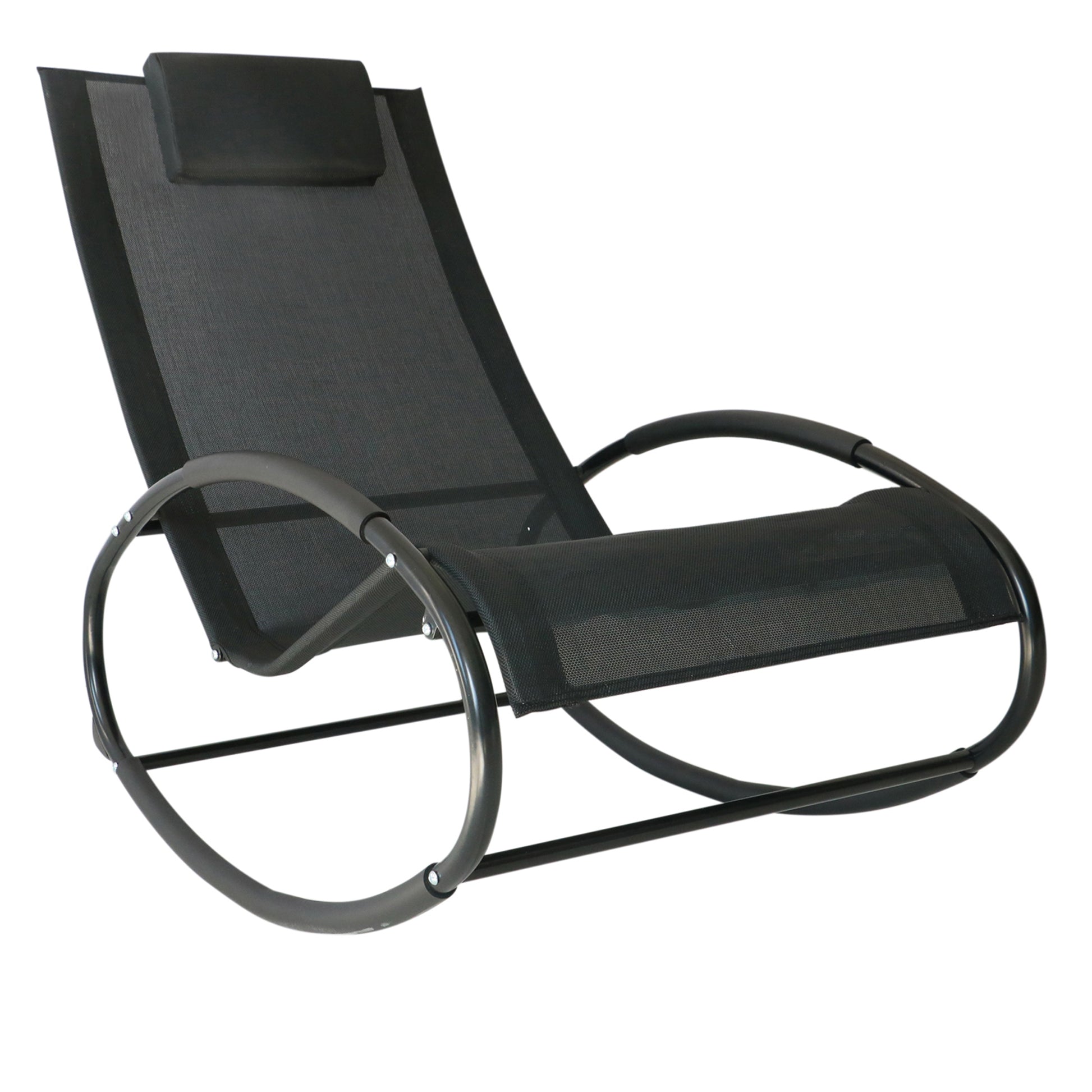 Photo of Outsunny Rocking Chair Sun Lounger Recliner Rocker Texteline Fabric Patio Garden Relaxer with Pillow, Black in Black colour on a white background