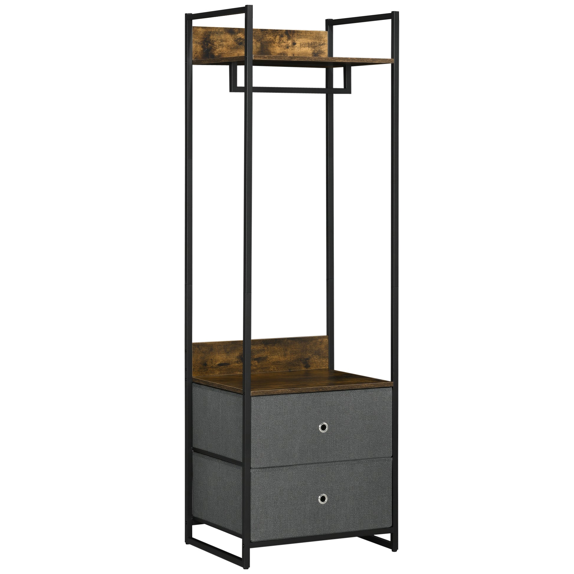 Photo of HOMCOM Clothes Rail, Metal Coat Stand, Garment Rack with 2 Fabric Storage Drawers, Single Wardrobe for Bedroom, Hallway, Rustic Brown and Grey in Grey colour on a white background